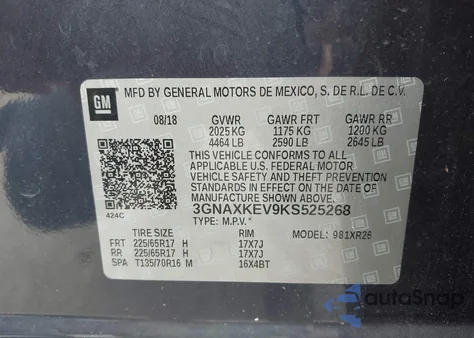 2019 Chevrolet Equinox Lt from USA, damaged, VIN 3GNAXKEV9KS525268